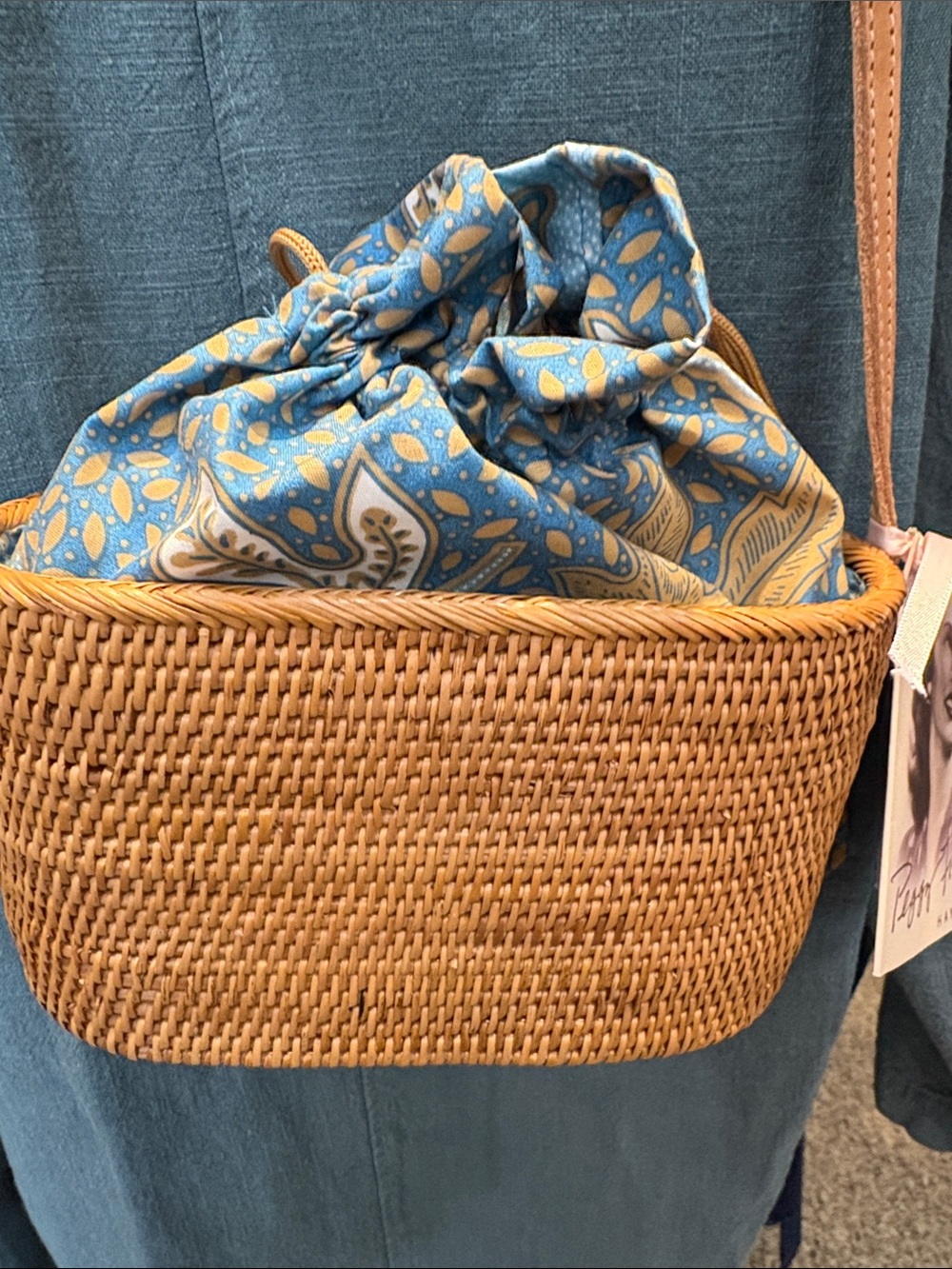 Woven Mini Basket Bag with Blue Floral Drawstring Liner
